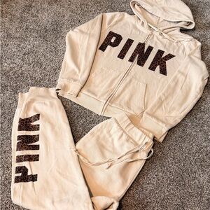 PINK Victoria Secret 2 piece hoodie and jogger sweatpants Set - Cream & leopard